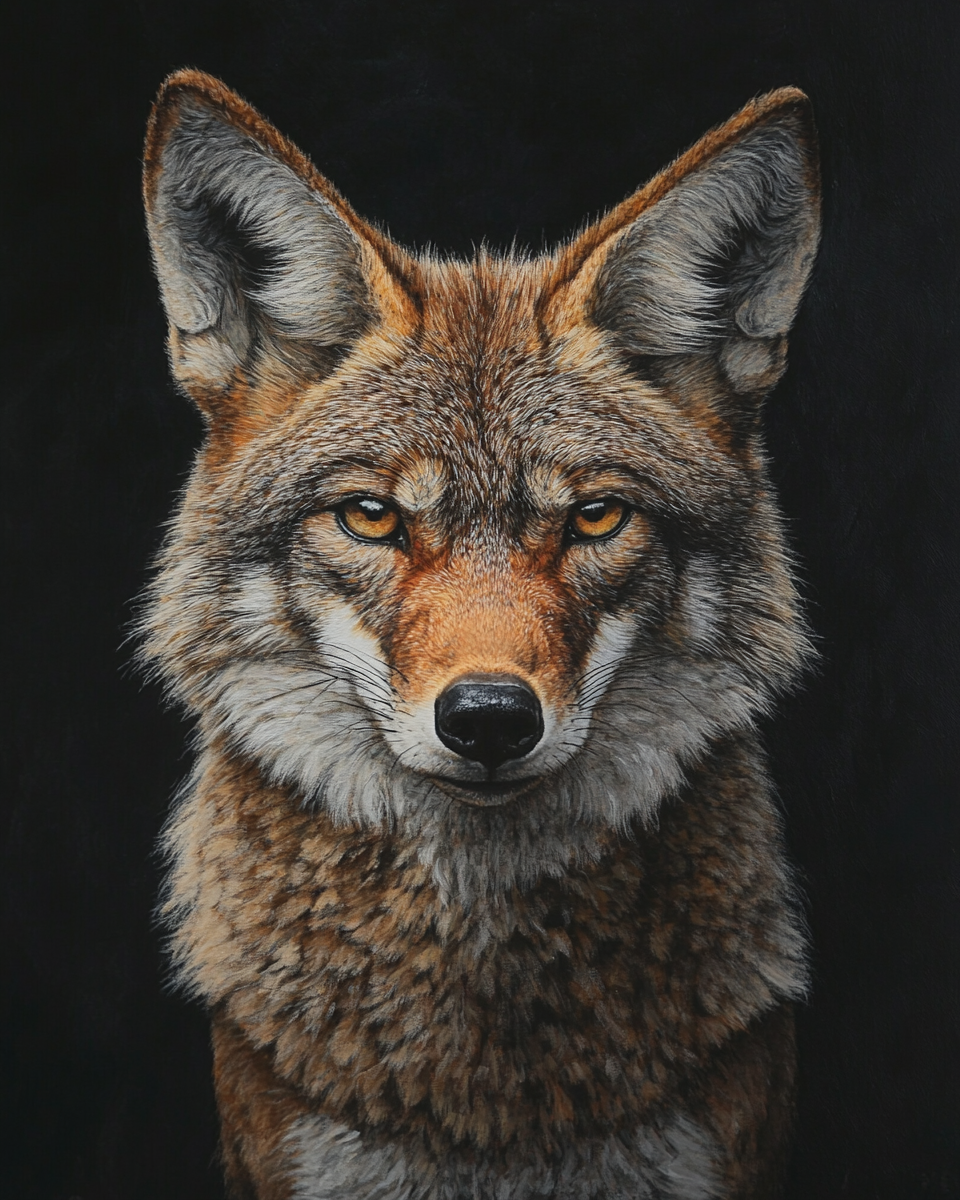 Embrandt's Realistic Coyote Portrait with Dramatic Lighting