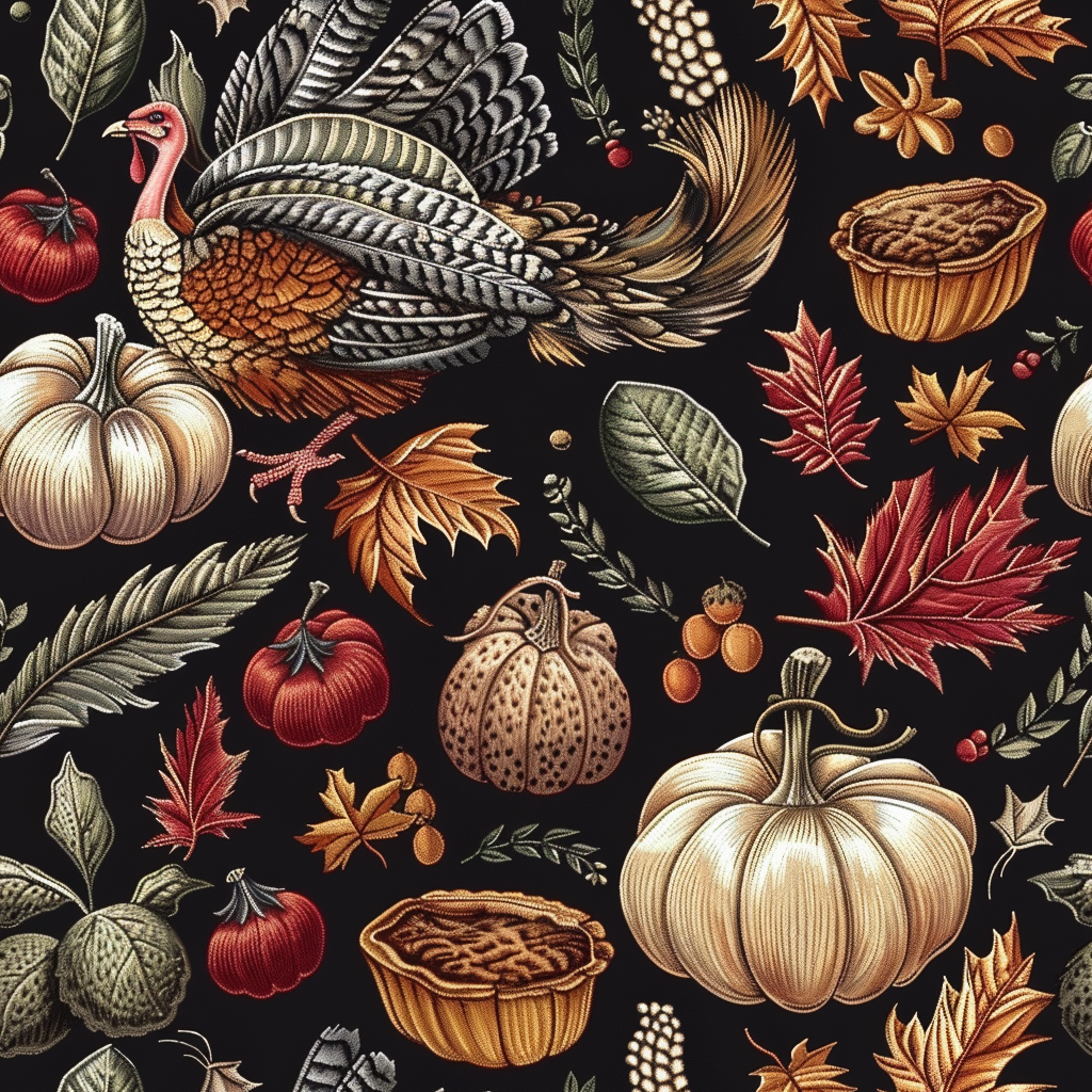 Embroidered boho Thanksgiving design with turkey and pumpkins.