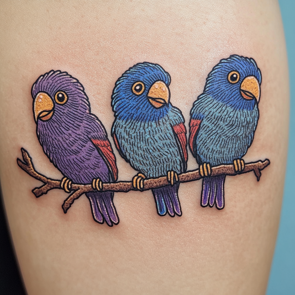 Embroidered tattoo of 3 ringneck birds on branch.