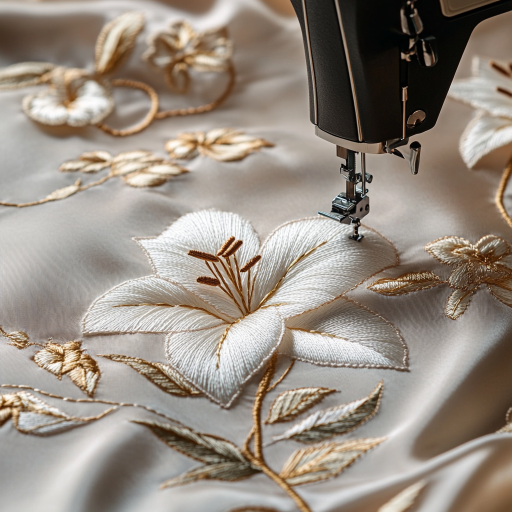 Embroidery artist creates lily flower design on silk