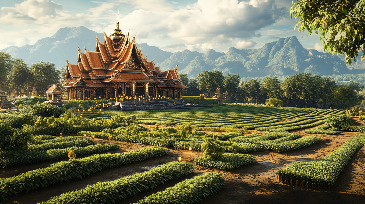 Emerald Fields, Thai Building, Candle Holograms, Vibrant Landscape