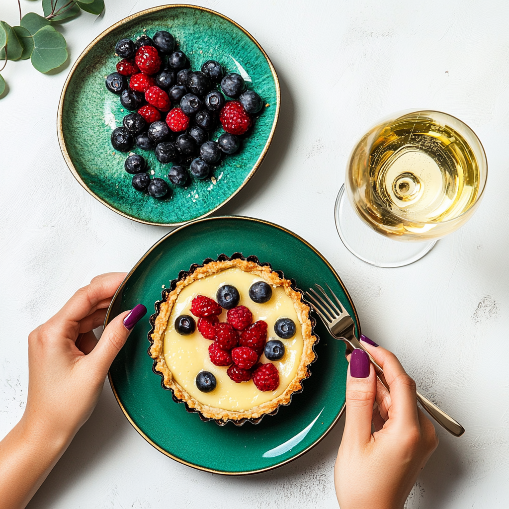 Emerald-dressed person eats beautiful layered tart, champagne glass.