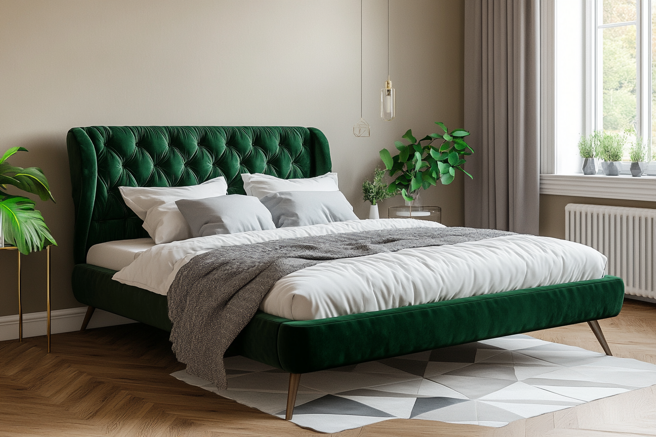 Emerald green bed with grey pillows in bedroom