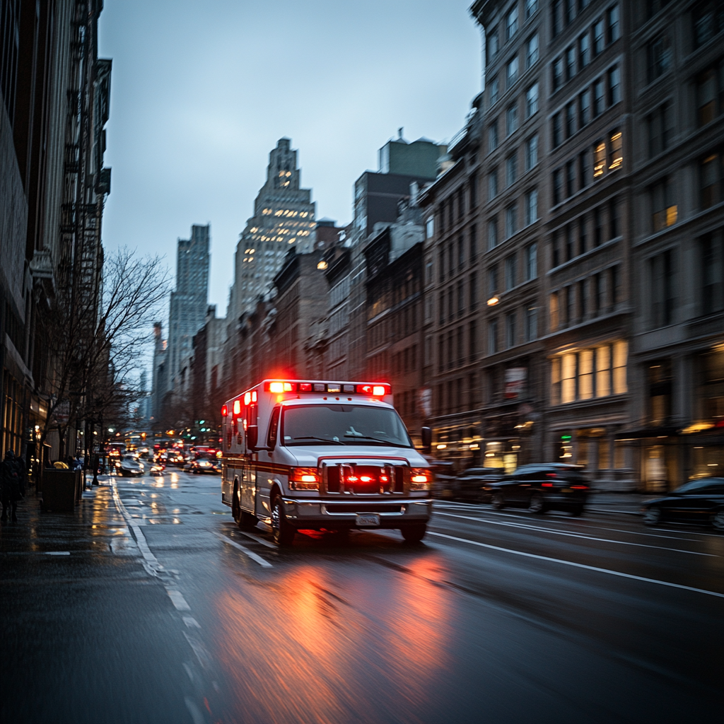 Emergency Ambulance Speeding Through Busy City Street