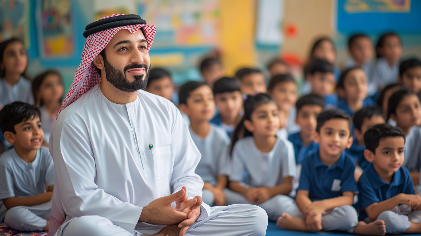 Emirati man in traditional wear talking to school kids.