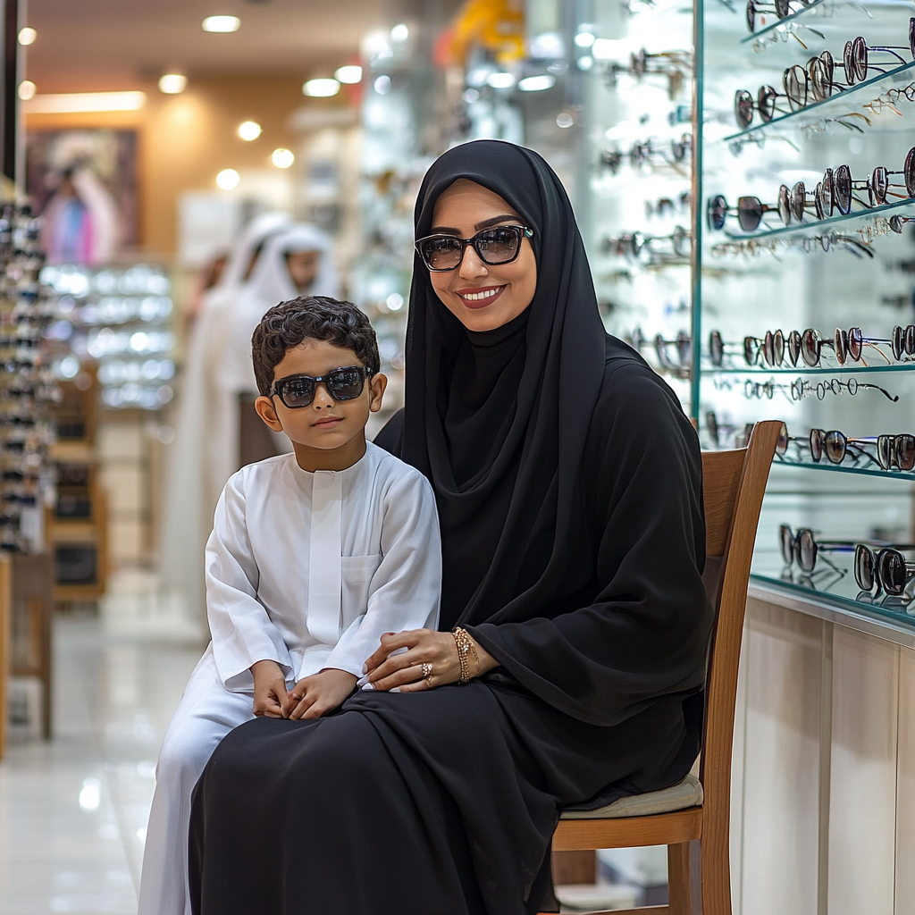 Emirati woman in black abaya at optical shop with child in white robe - Canon EOS R5 capture