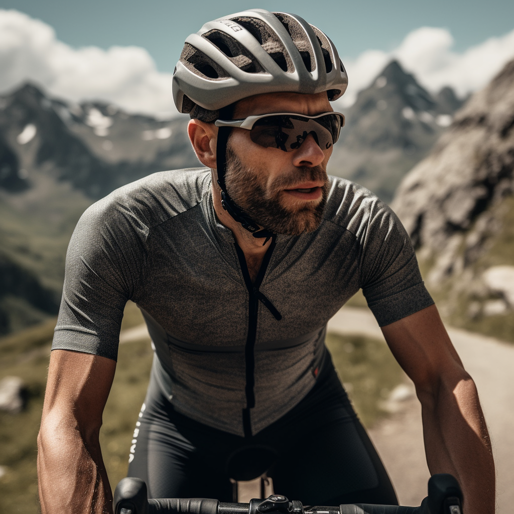 Emmanuel Macron lookalike rides road bike in mountains.