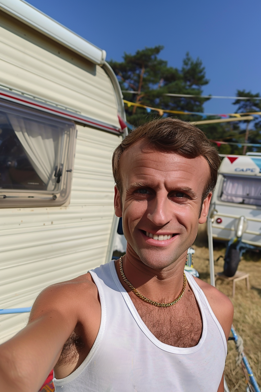 Emmanuel Macron takes selfie in front of caravan.