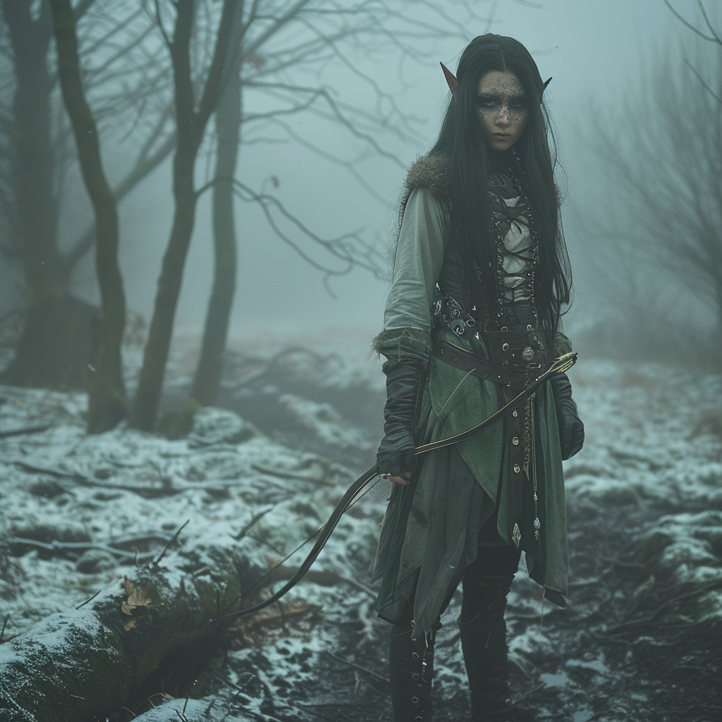 Emo elf in foggy forest with pale appearance.