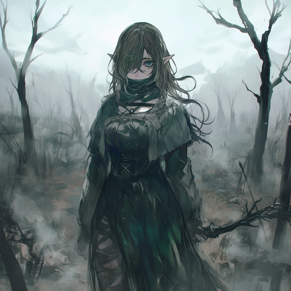 Emo elf with long hair in foggy forest.