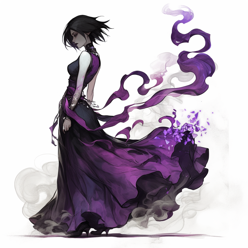 Emo pale girl with amethyst dress in D&D style.