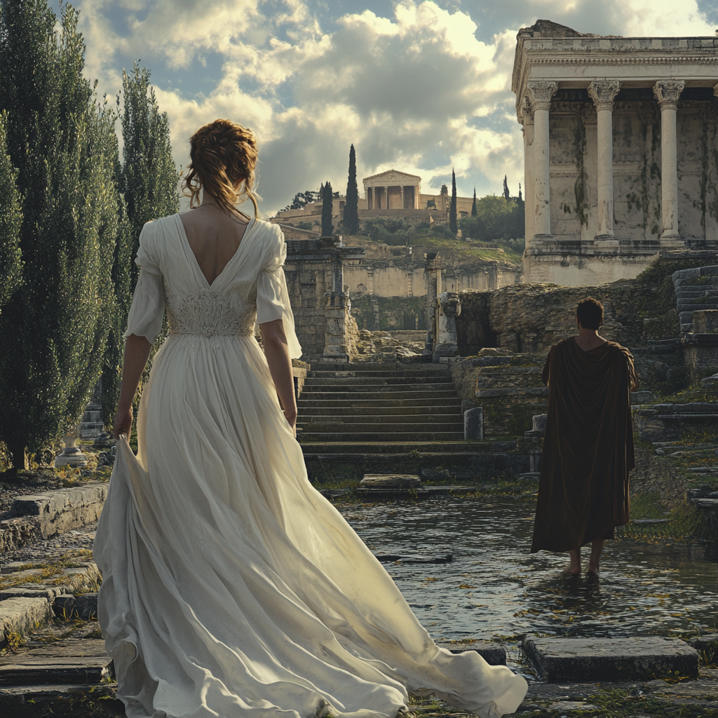 Emotional Roman garden farewell: Aurelia and Cassius parting ways.