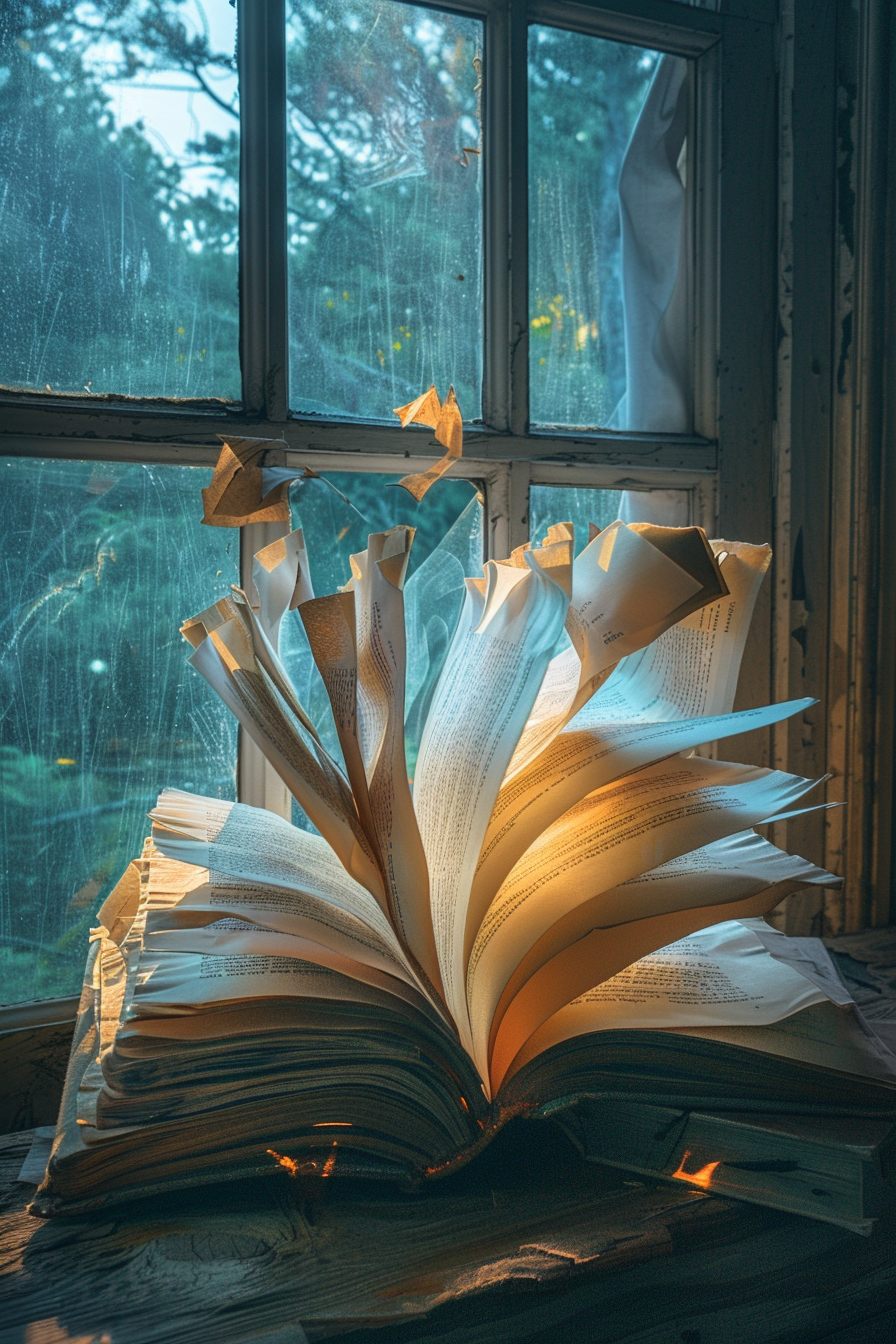 Emotional book pages turn in the wind, torn & glowing.