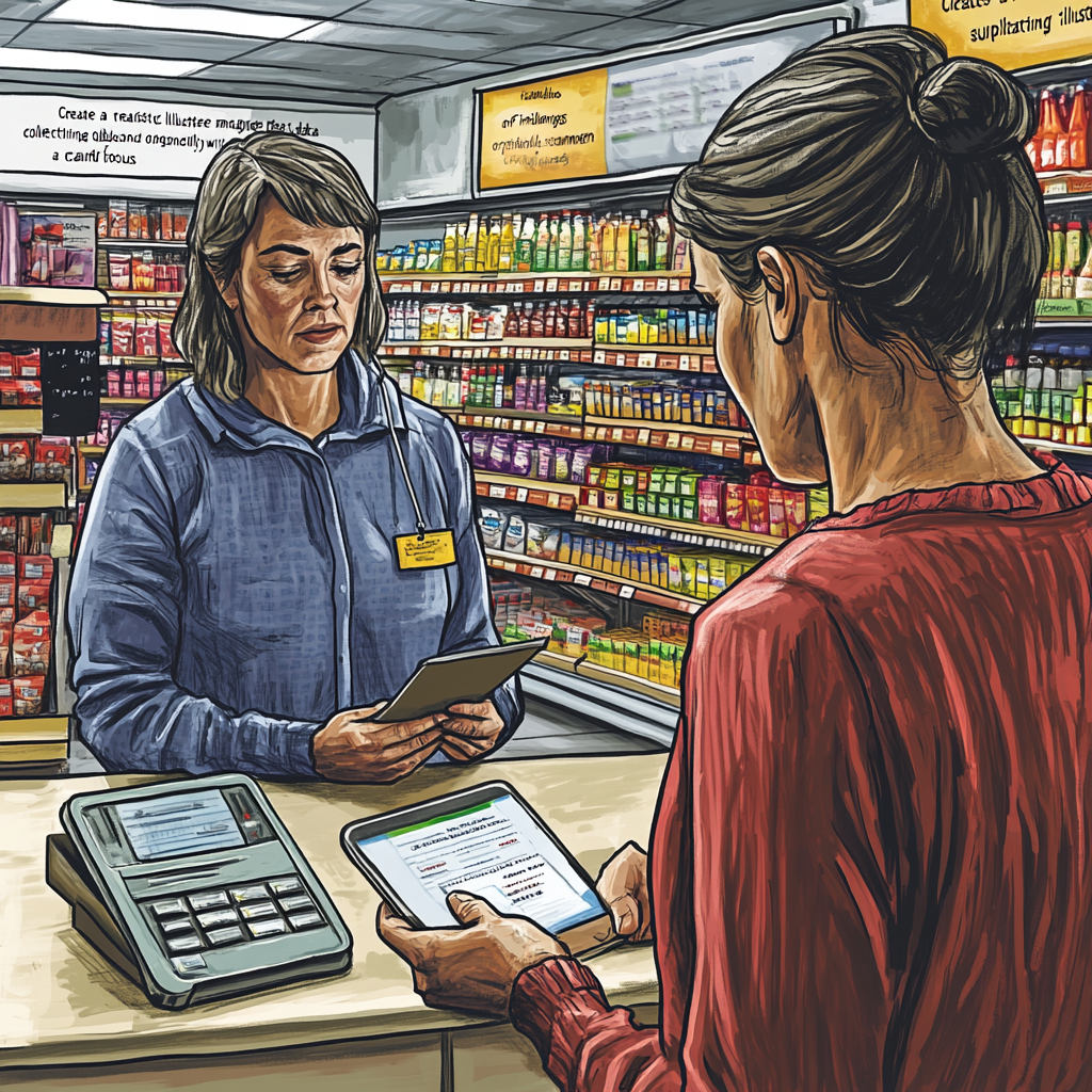 Employee Organizing Customer Data in Supermarket Scene