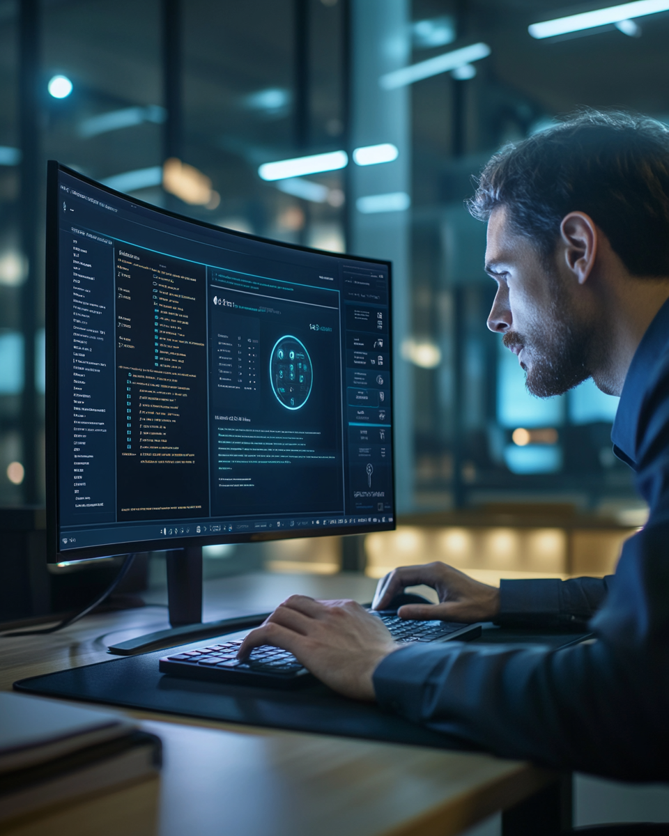 Employee focused at desk typing on modern computer.