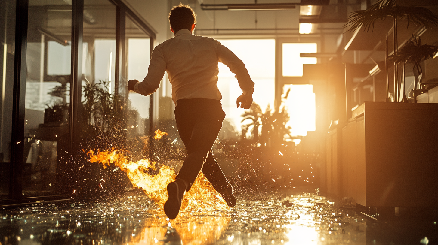 Employee happily stepping on fiery broken glass at sunrise.