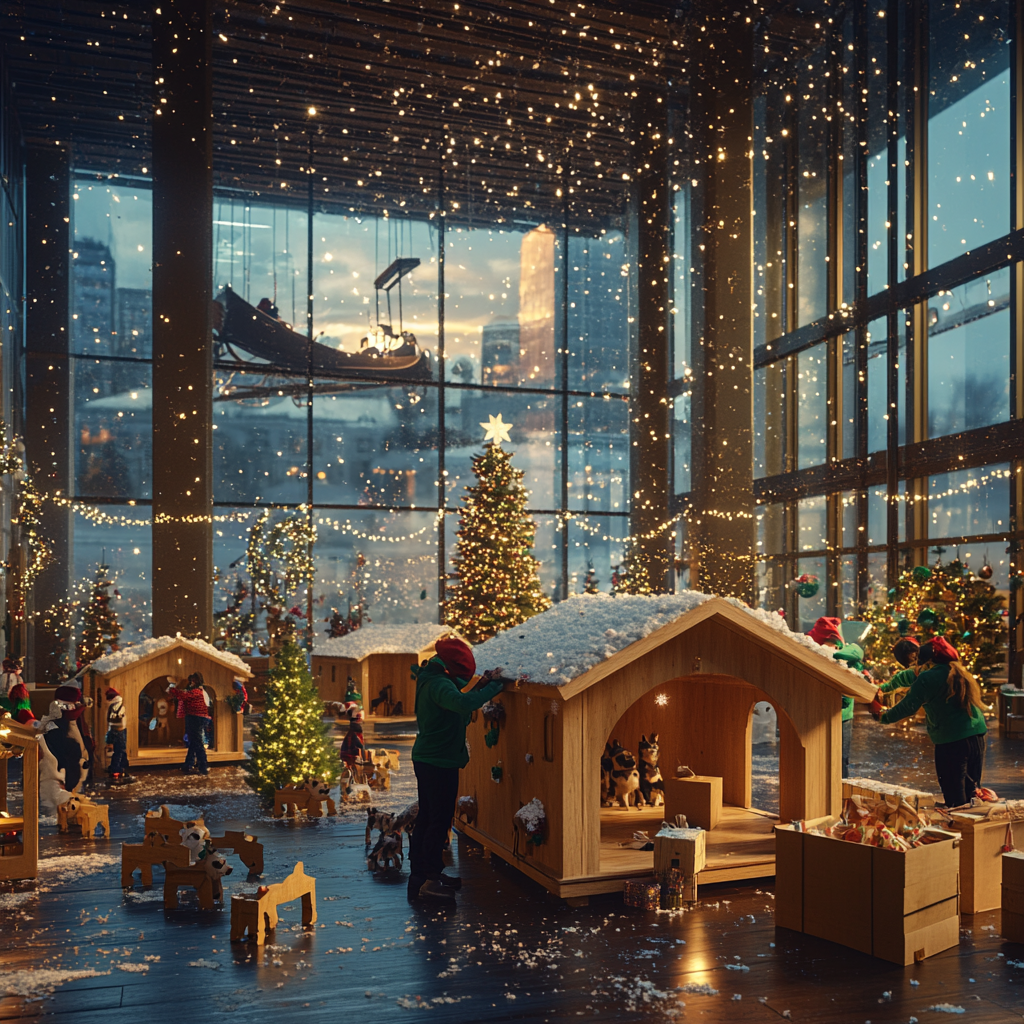 Employees build dog houses in festive Christmas office