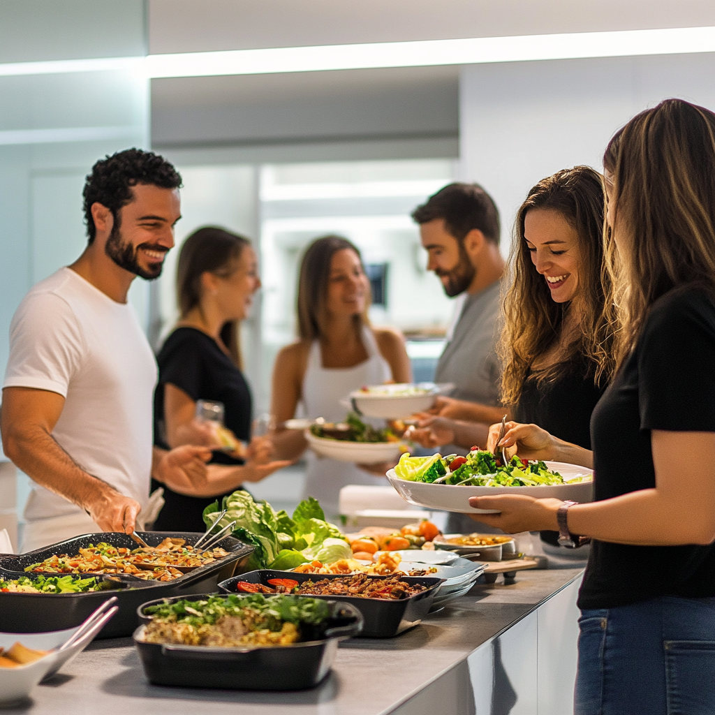 Employees in modern office kitchen, enjoying personalized meals.