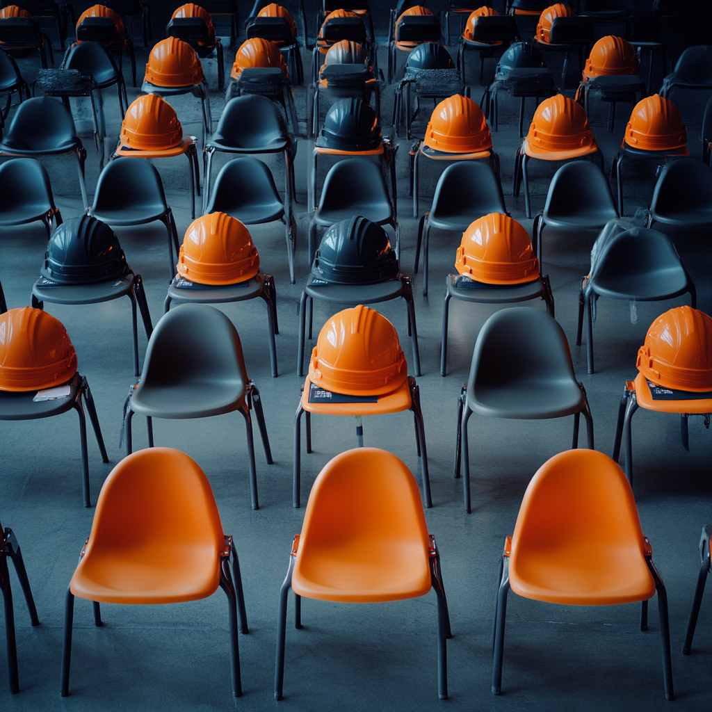 Employees missing, empty chairs filled with professional tools.