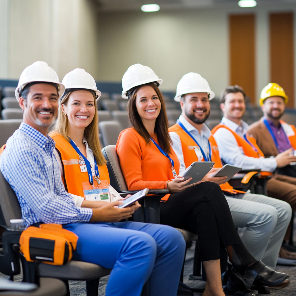 Employees smiling with tools on empty chairs in photo.