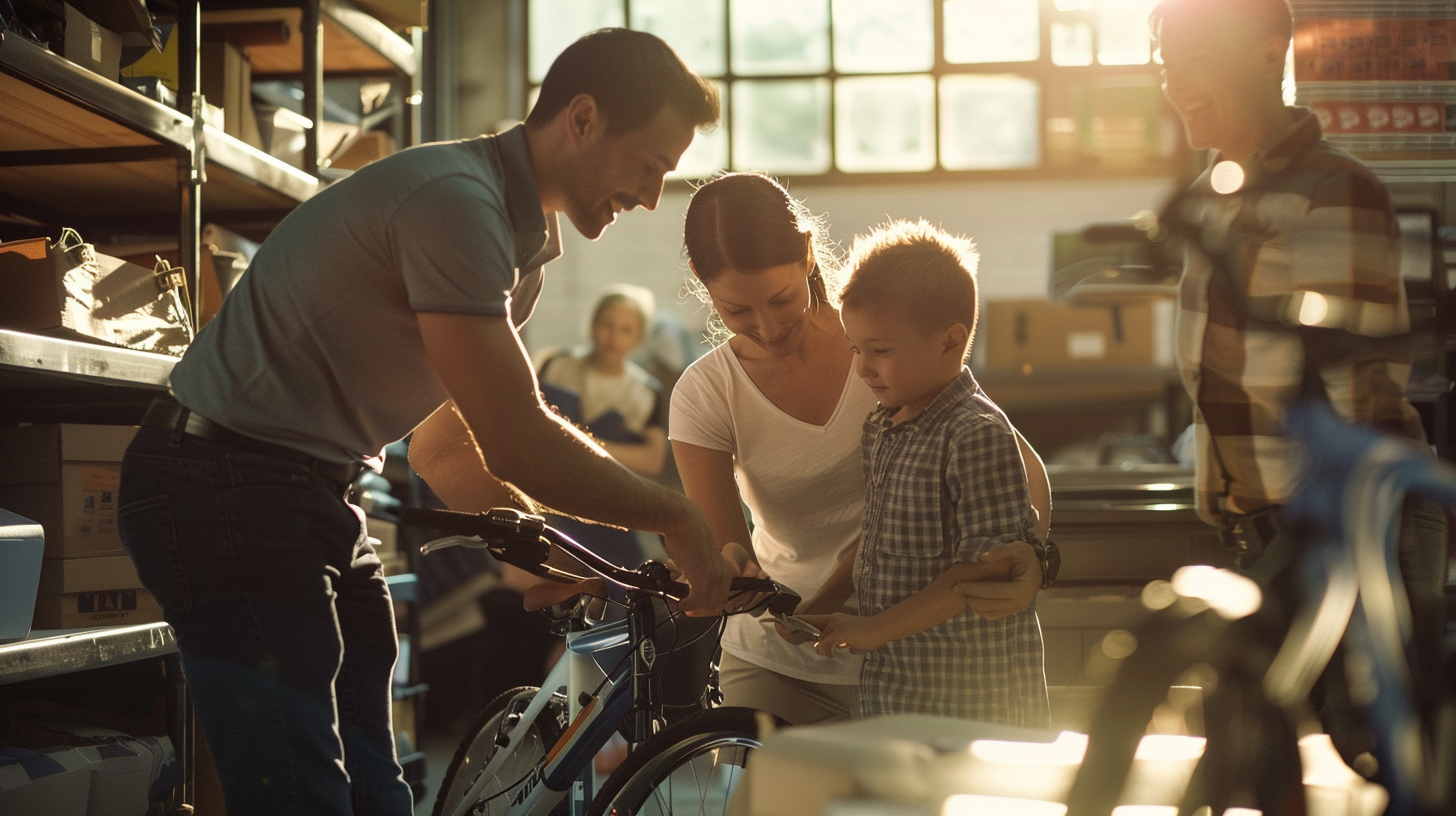 Employees wrap child's bike; family watches; morning light; vivid colors