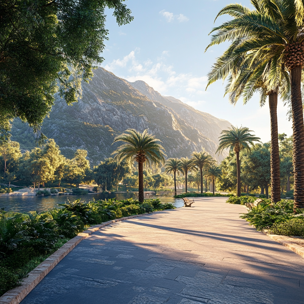 Empty, beautiful park with mountains, palms, river island.