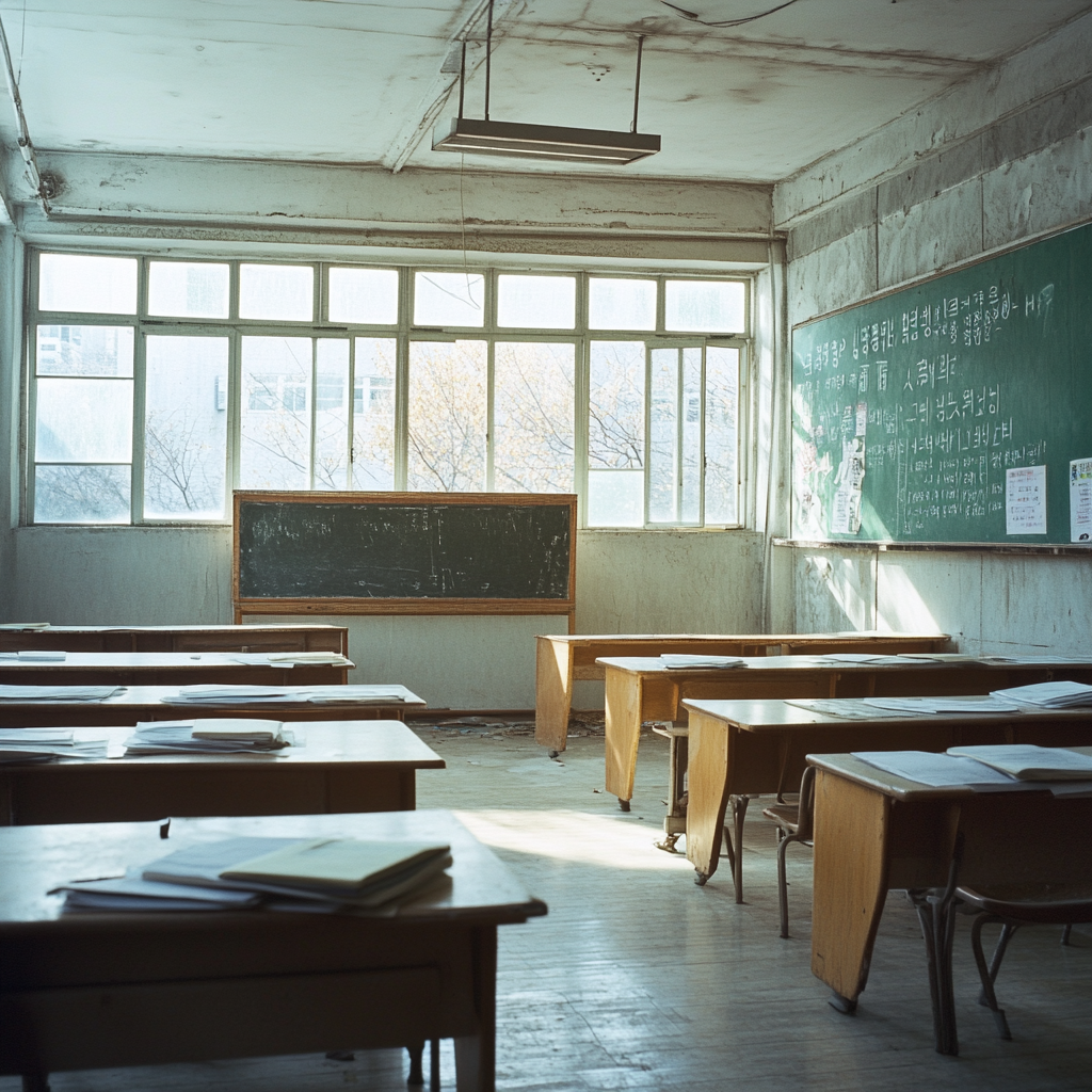 Empty, messy Korean classroom with dusty windows and books.