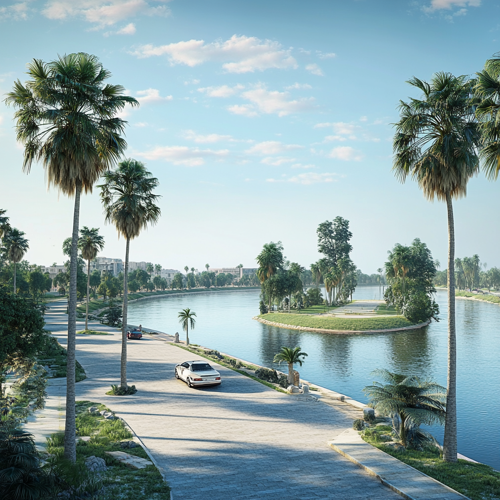 Empty, wide, historical southern European park with palms.