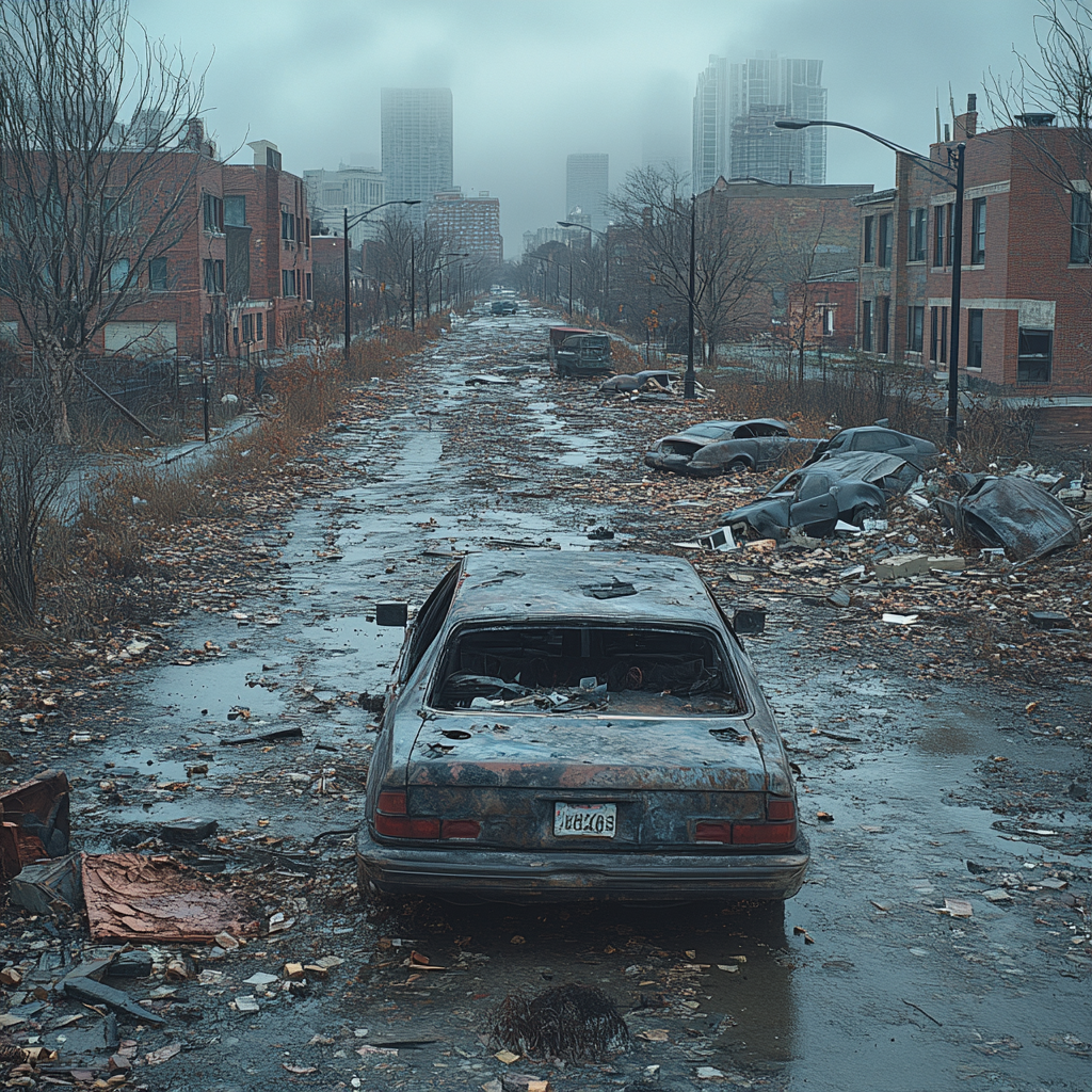 Empty Chicago streets during economic collapse, abandoned buildings, gray skies.