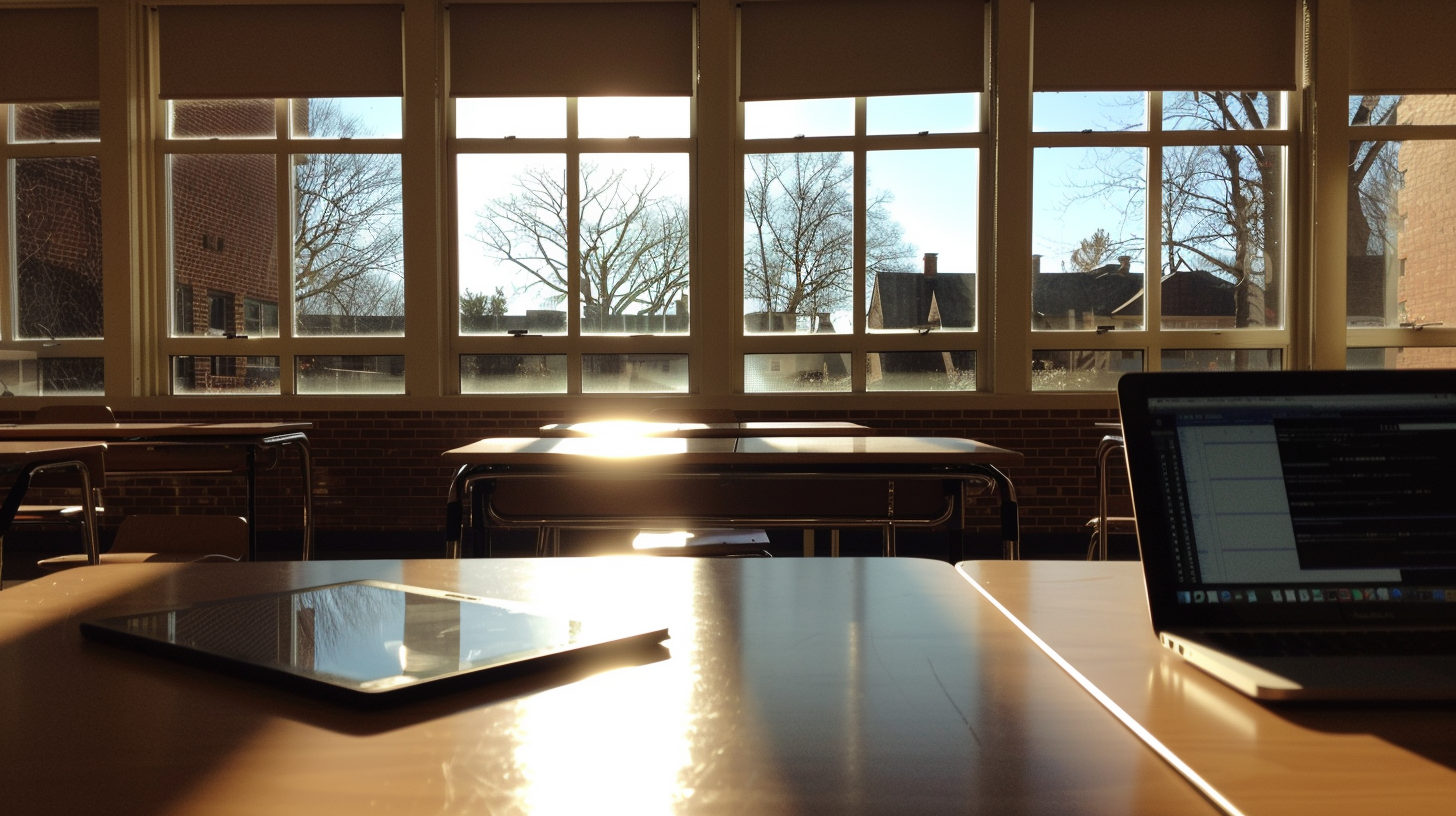 Empty Classroom with Laptop and Tablet in Sunlight