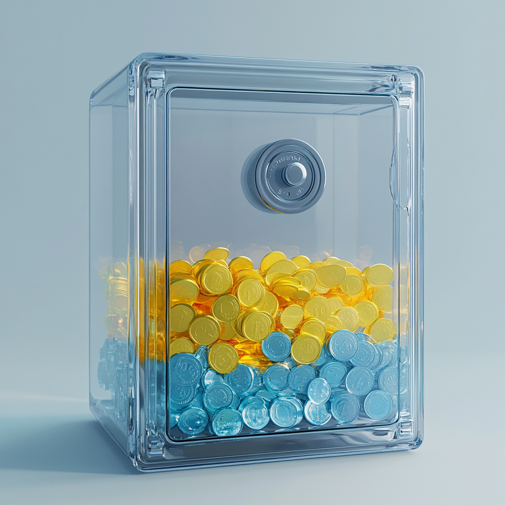 Empty Safe with Yellow and Blue Coins Inside