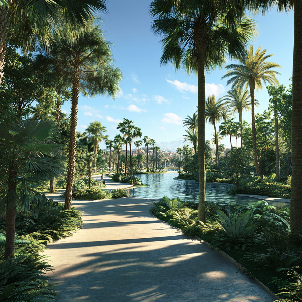 Empty beautiful park with palms in southern Europe.