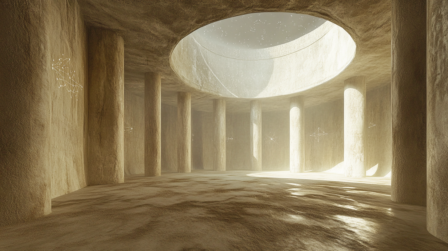 Empty circular room with sand floor and carved constellations.