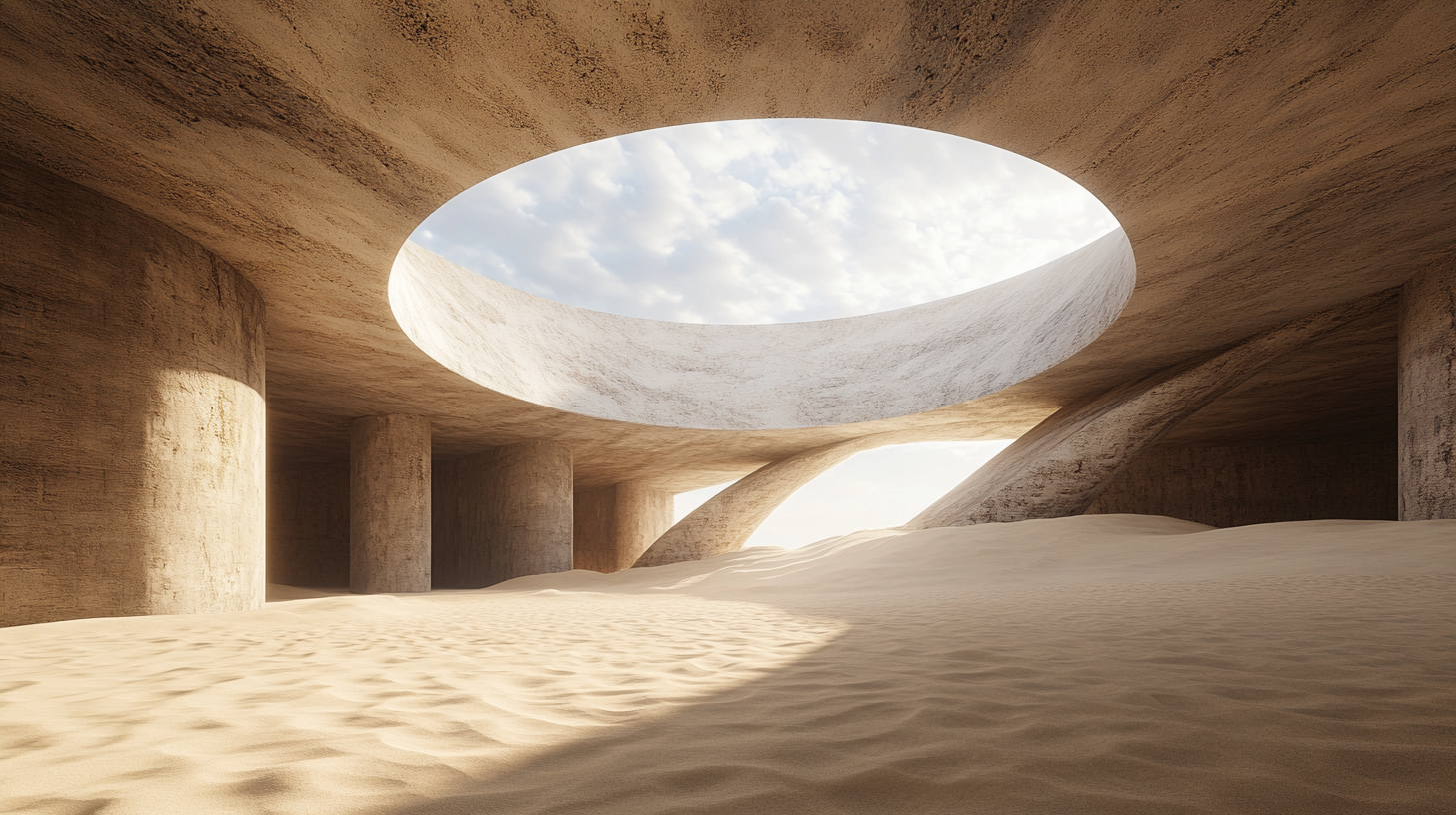 Empty circular stone room, closed ceiling, sand dune floor.