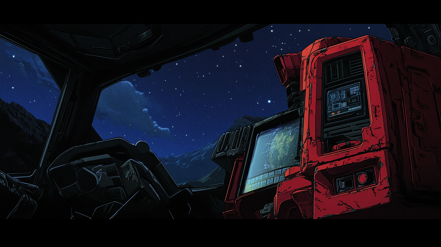 Empty cockpit of giant robot in retro style