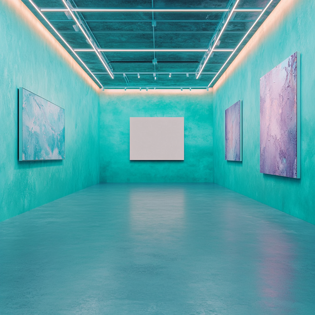 Empty contemporary gallery with turquoise walls and abstract painting canvas.