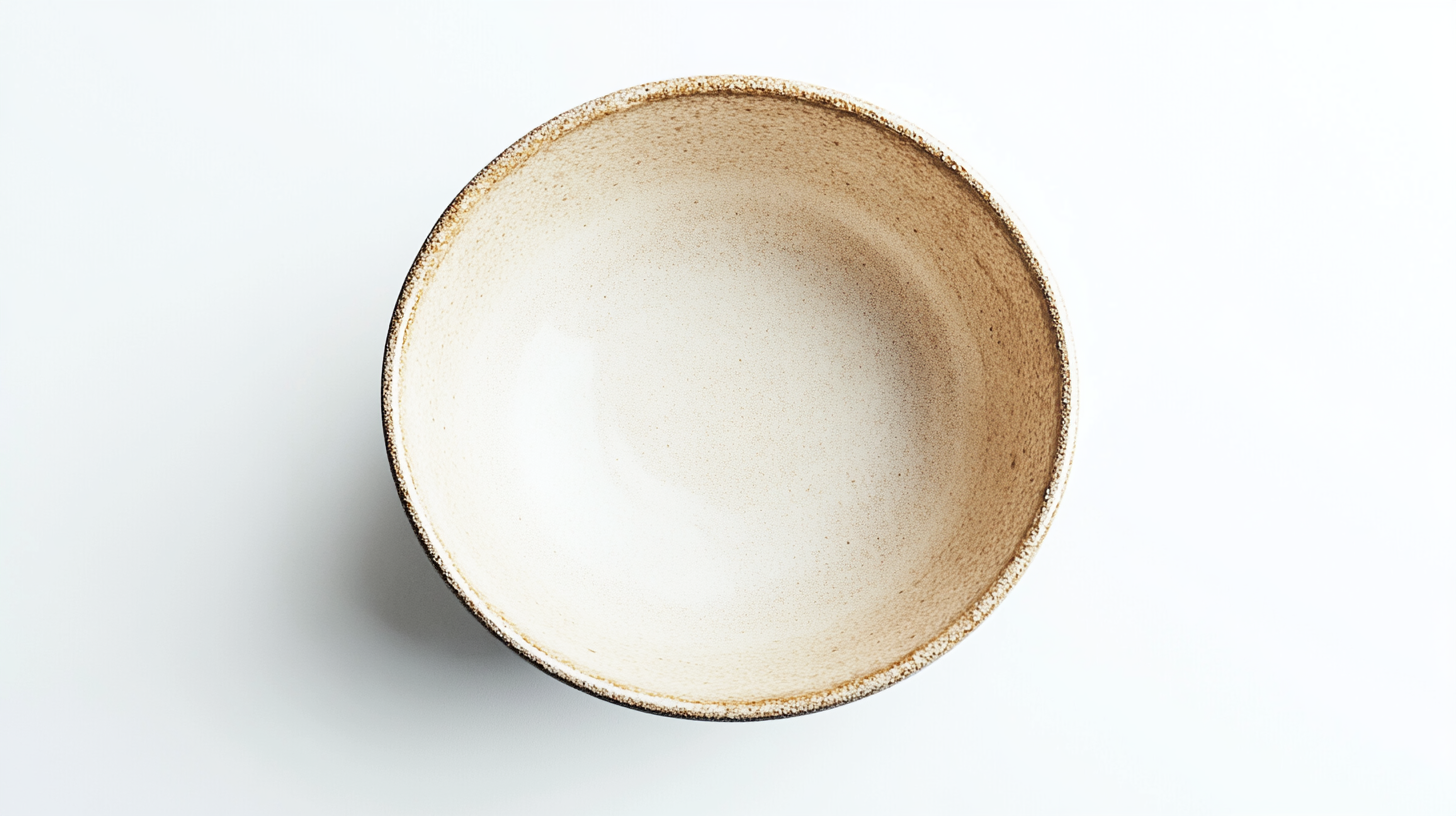 Empty deep bowl with earthy tones against white background.