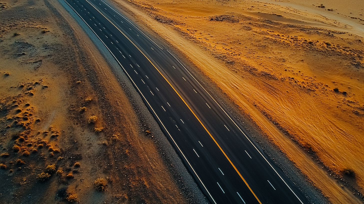 Empty desert with highway, 2D horizontal top-down view.