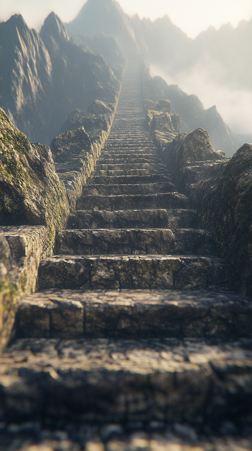 Empty endless stone stairs climbing through foggy mountain peaks.