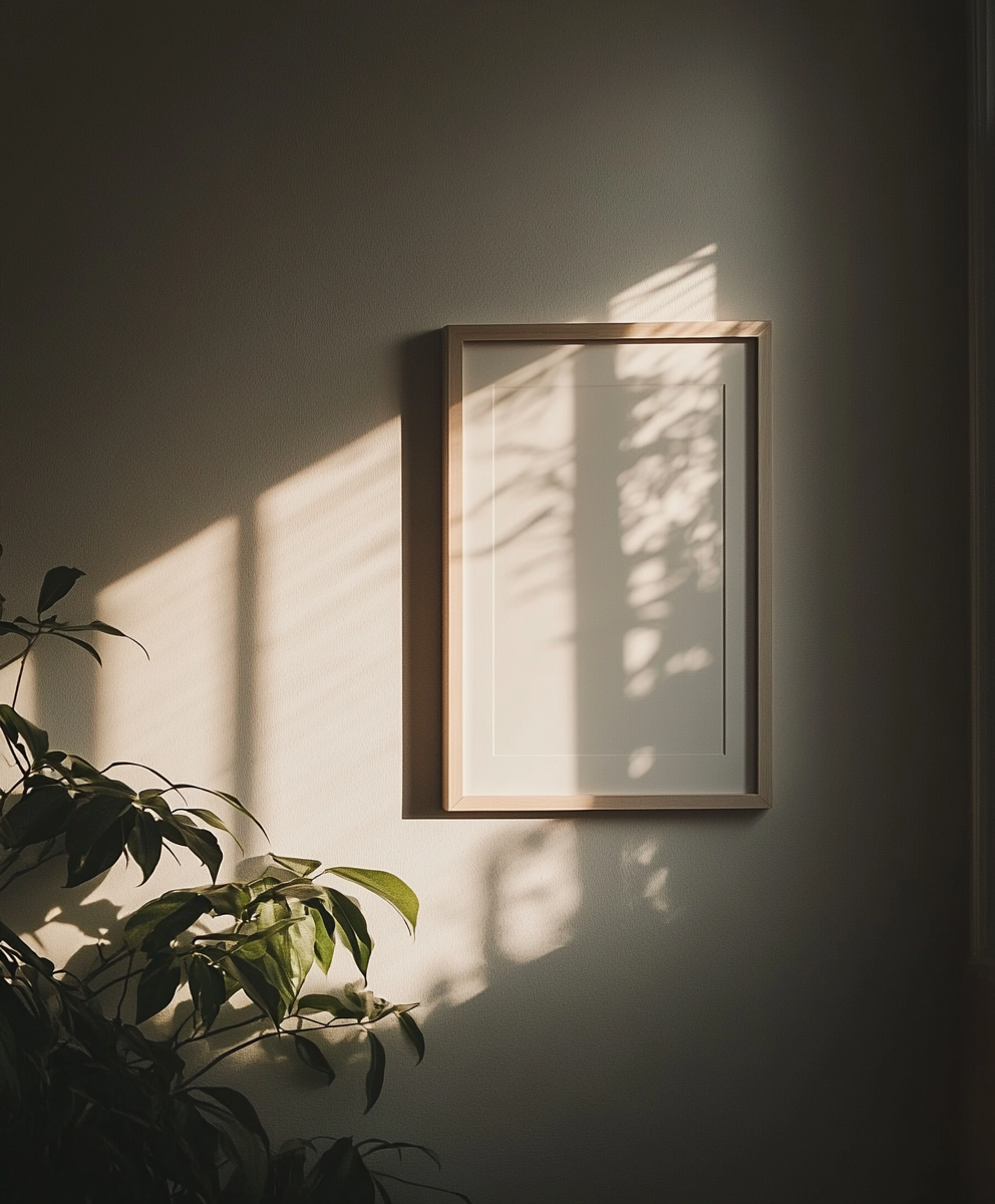 Empty frame on wall in cozy room