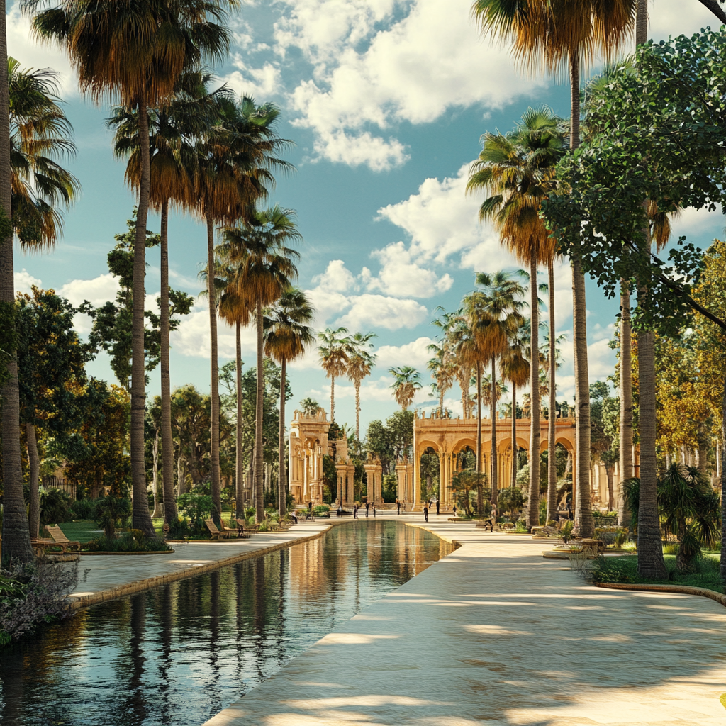 Empty historical park with palms on river island, daytime portrait.