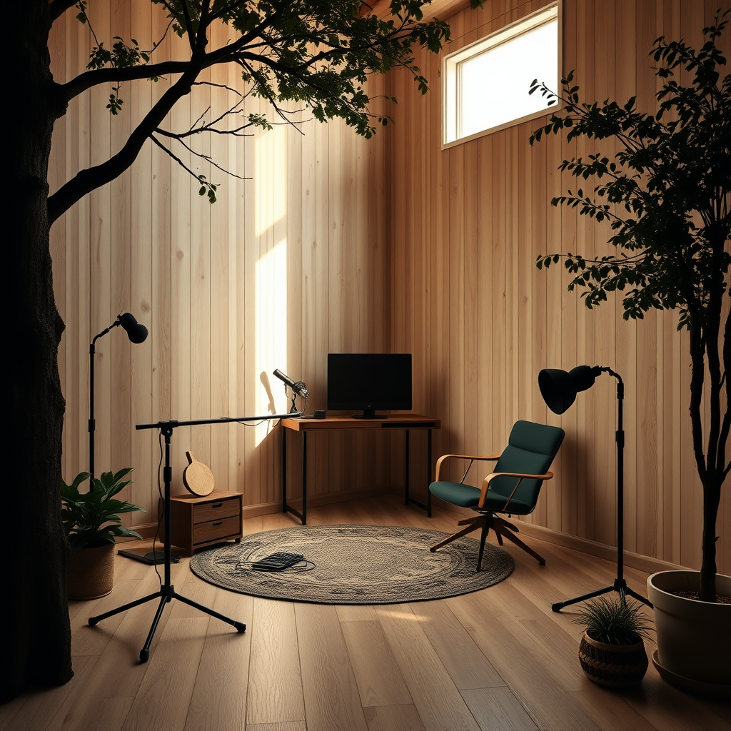Empty modern podcast studio in simple home tree.