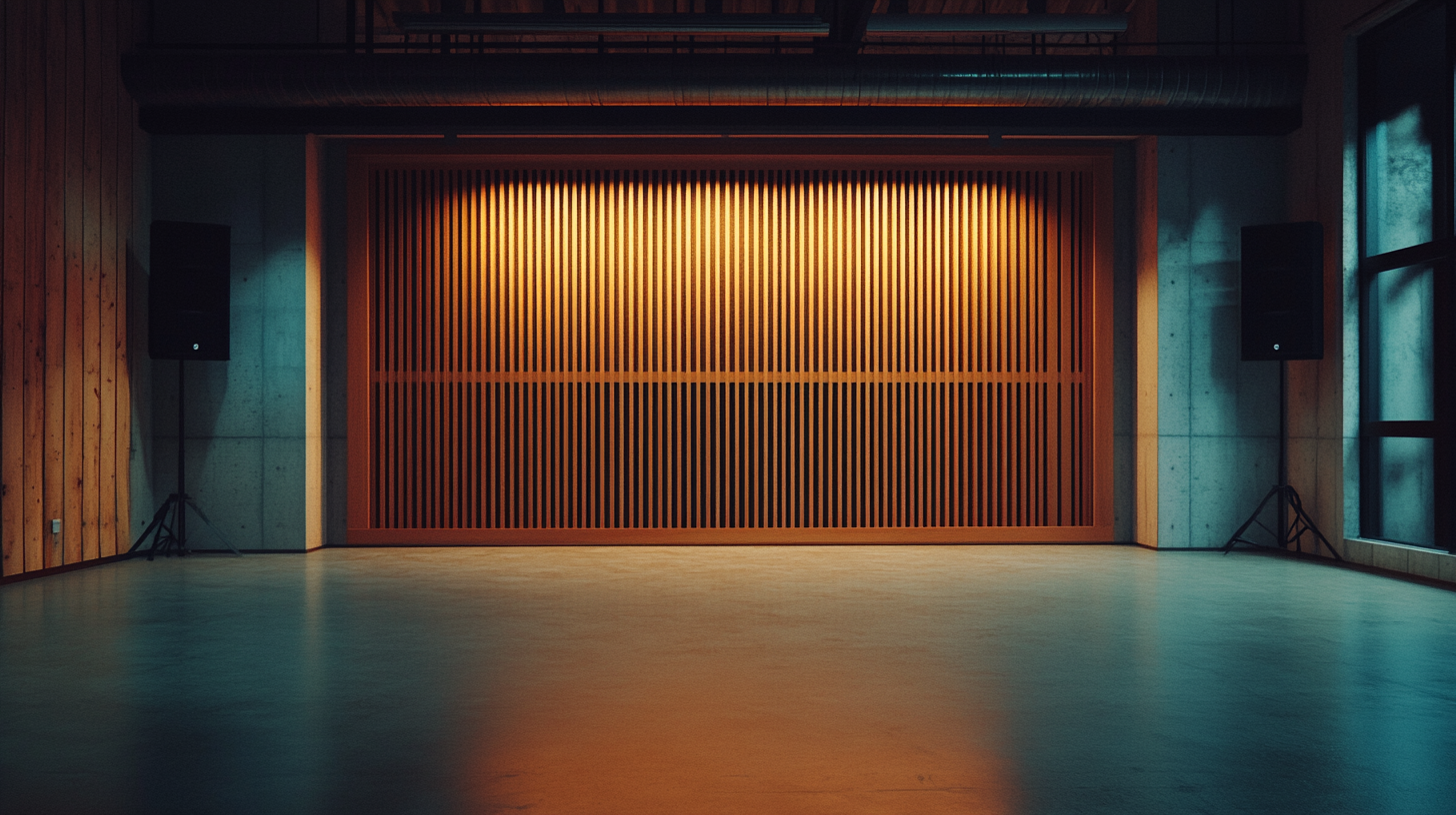 Empty modern podcast studio with oak wood wall.