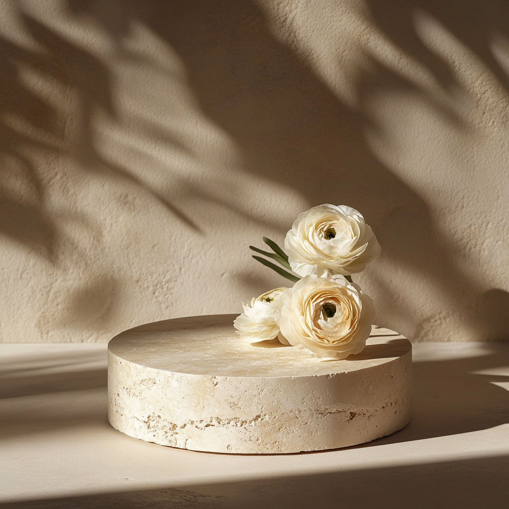 Empty product podium with travertine, flowers, luxury elegance.