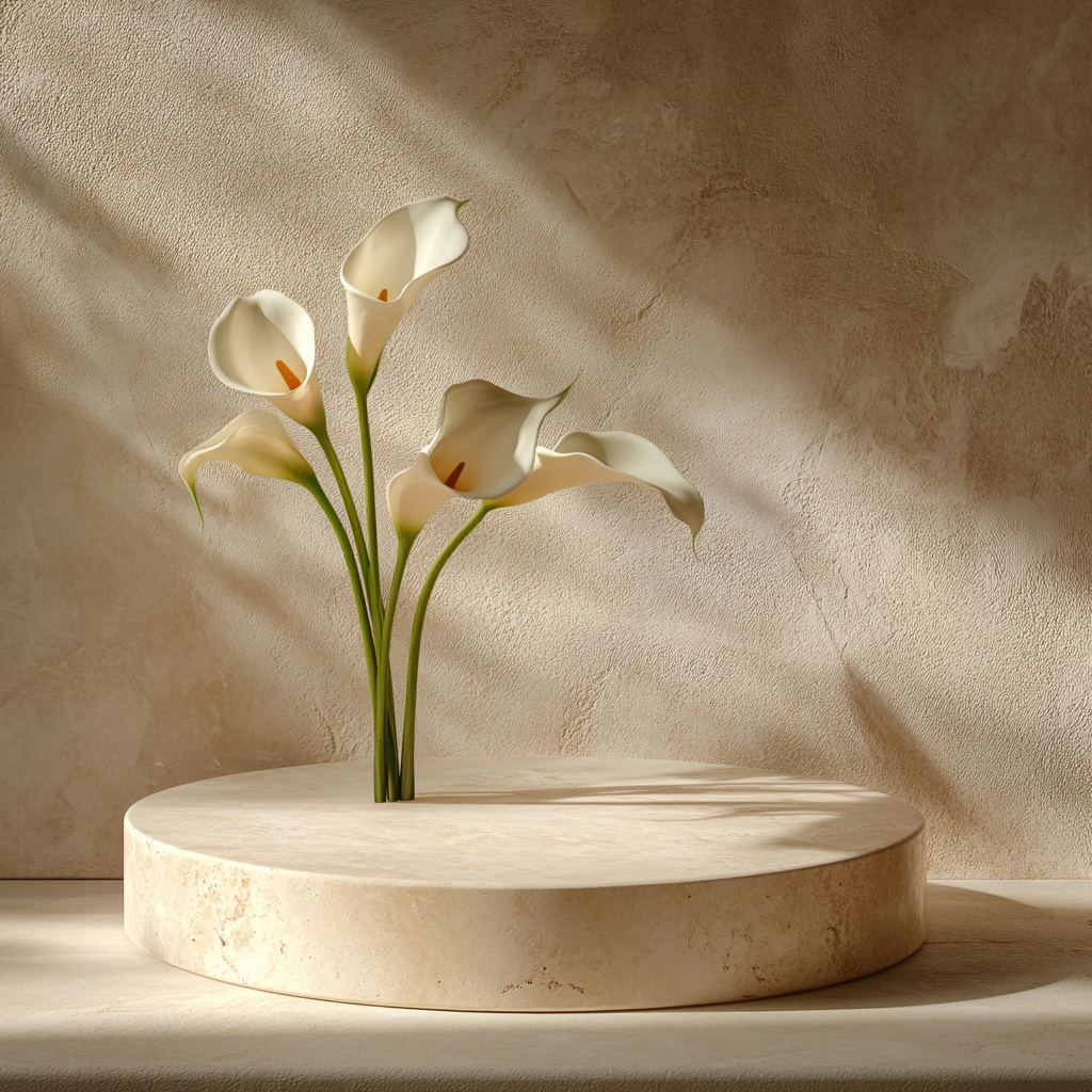 Empty product podium with travertine rustic style and calla lilies