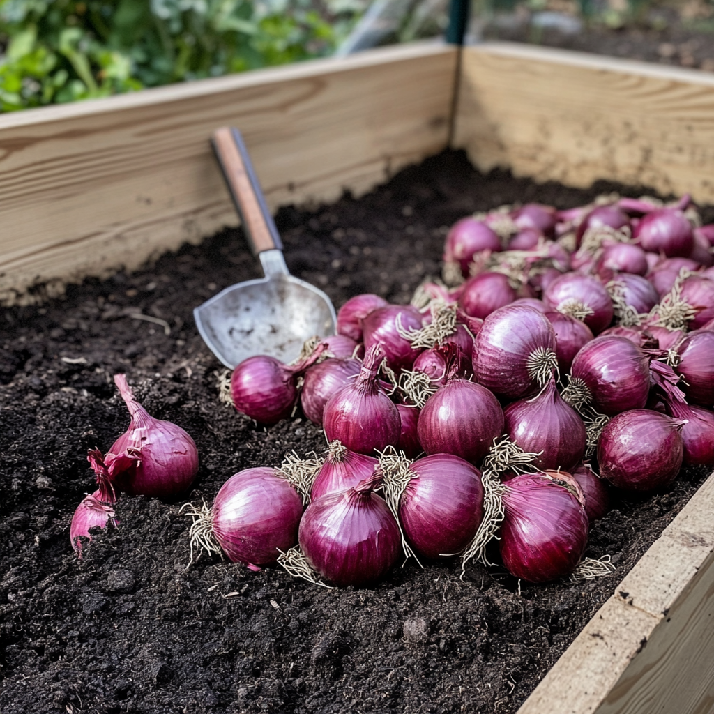 Empty raised bed, large pile of red onions nearby.