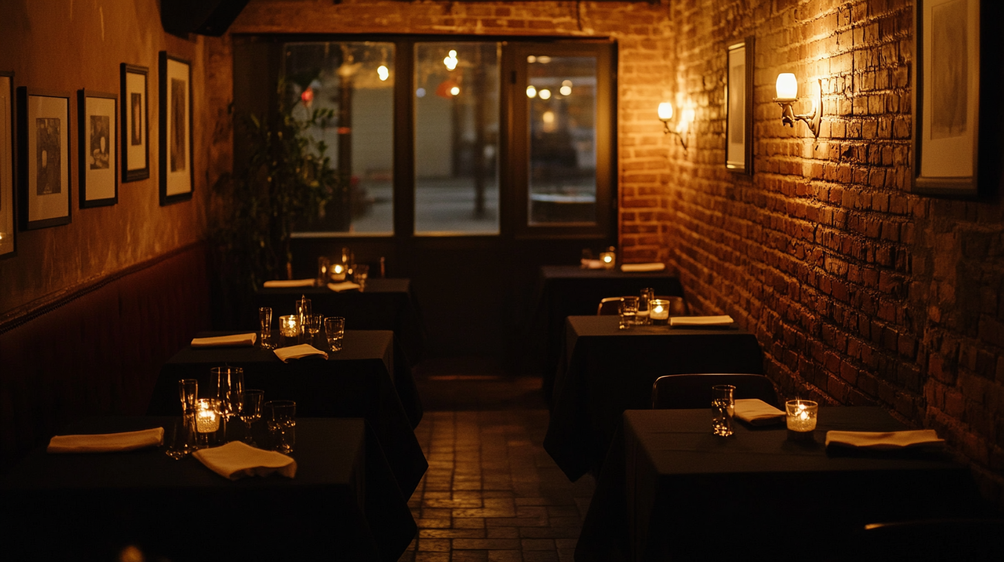 Empty restaurant at night with warm lighting and candles.