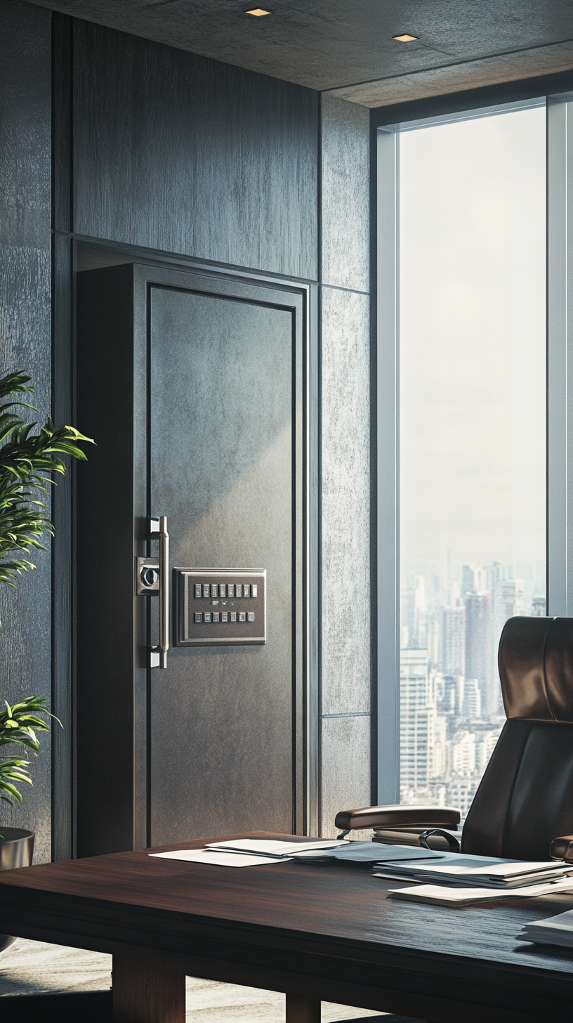 Empty safe in executive's office, contents missing.