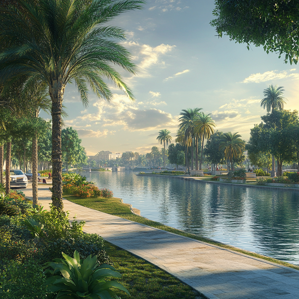 Empty southern European park with palm trees overlooking river.