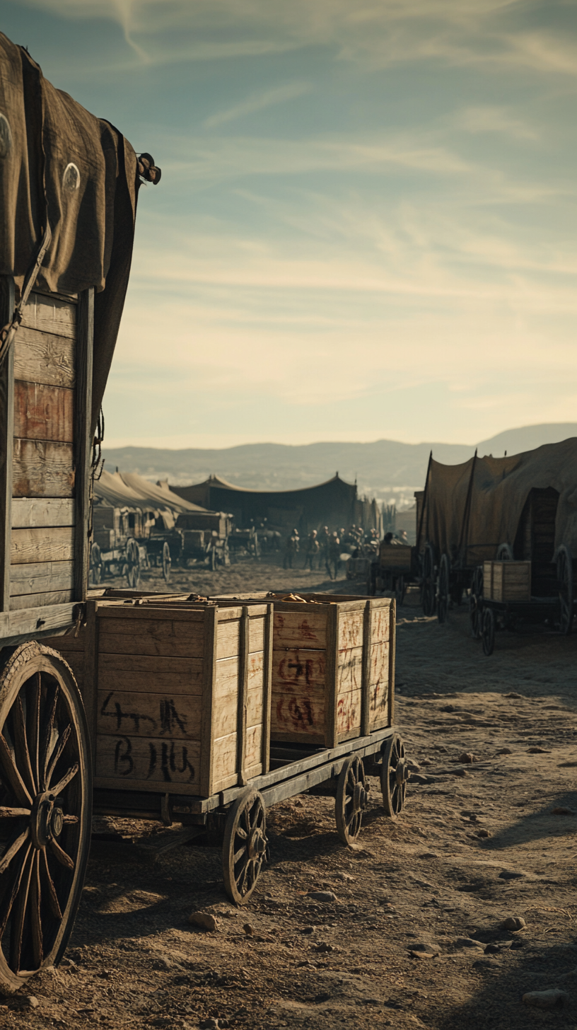 Empty supply wagons and soldiers with tired expressions.